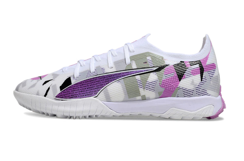 Chuteira Society Puma Ultra 5 Ultimate TF Branca e Rosa