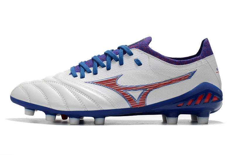 Chuteira Campo Mizuno Morelia Neo 3 FG Branca, Azul e Vermelha