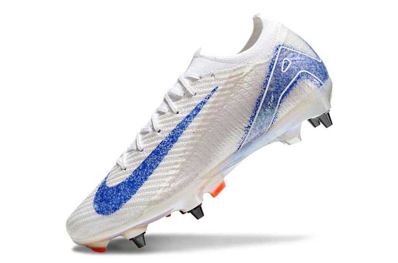 Chuteira Campo Nike Air Zoom Mercurial Vapor 16 Elite Trava Mista Branca, Azul e Laranja "Blueprint Pack"