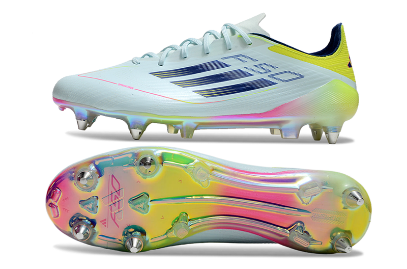 Chuteira Campo Adidas F50 Ponta de Aluminio Azul, Rosa e Amarelo "Olympic Boot Pack"