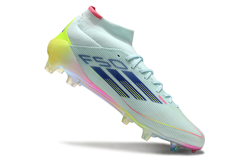 Bota de futbol Adidas F50 Mid Cano FG blau, rosa i groc "Paquet de botes olímpiques" 