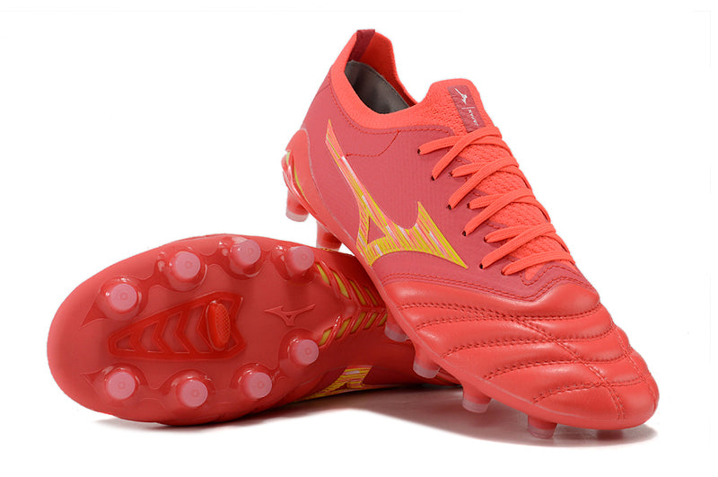 Chuteira Campo Mizuno Morelia Neo 4 Beta FG Vermelha e Dourada "Release Pack"