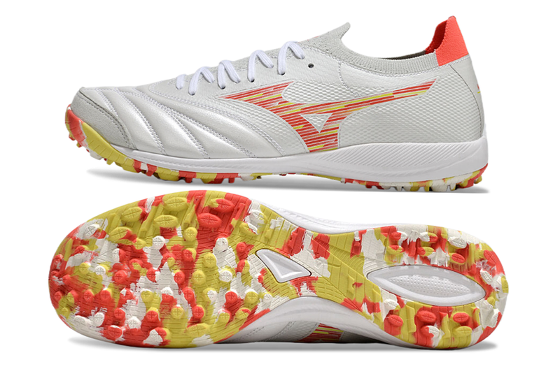 Chuteira Society Mizuno Morelia Neo Sala TF Branca, Vermelha e Amarela