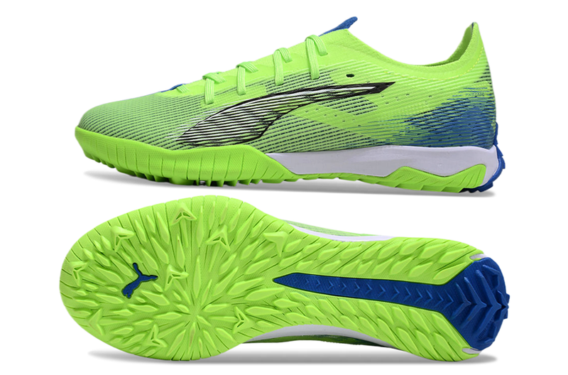 Chuteira Society Puma Ultra 5 Ultimate TF Verde e Azul "Lights Out Pack"