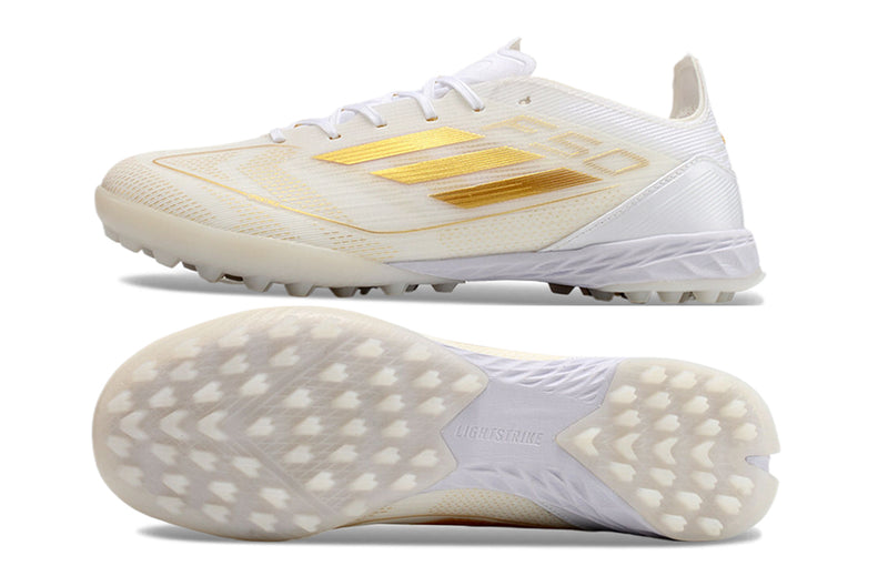 Chuteira Society Adidas F50 TF Branca e Dourada "Day Spark Pack"