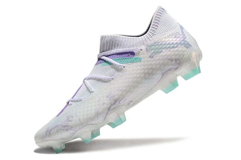 Chuteira Campo Puma Future 7 FG Branca, Verde e Roxo "Brilliance Pack"