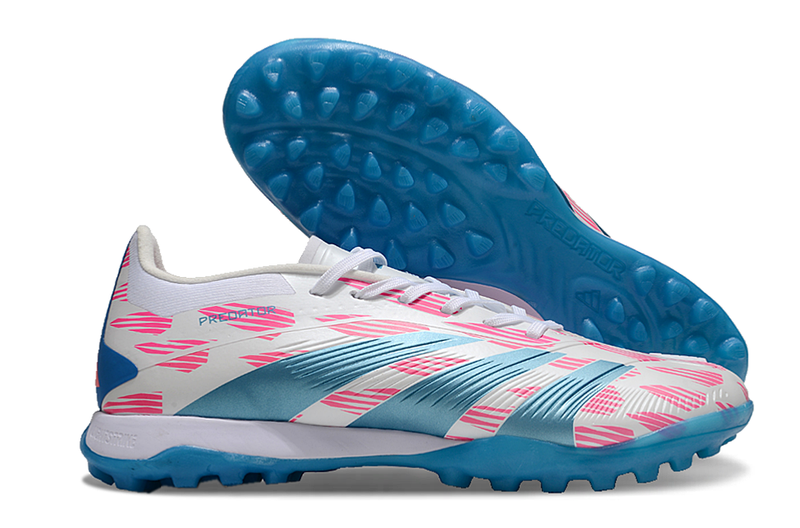 Chuteira Society Adidas Predator Elite TF Branca, Rosa e Azul "Re-Emergence Pack"