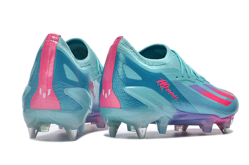 Bota de futbol Adidas X Crazyfast Messi.1 amb punta d'alumini blau i rosa "Miami Vice"