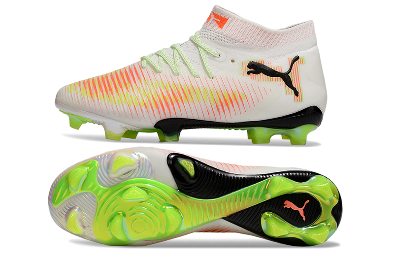 Chuteira Campo Puma Future 8 FG Branca, Laranja e Verde "launch edition"