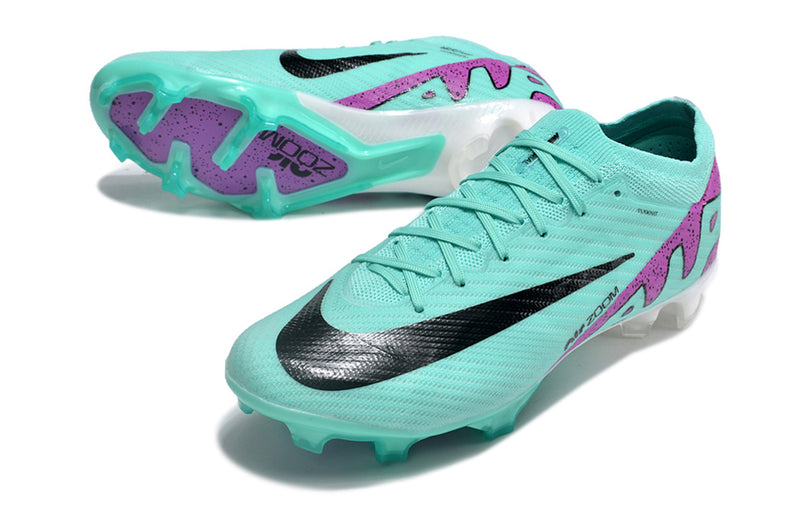 Chuteira Infantil Campo Nike Air Zoom Mercurial Vapor 15 Elite FG Verde e Roxa "Peak Ready Pack"