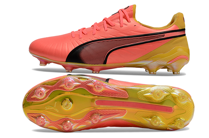 Chuteira Campo Puma King Ultimate FG Rosa e Laranja "Tricks Pack"