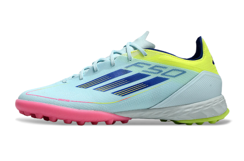 Chuteira Society Adidas F50 TF Azul, Rosa e Amarelo "Olympic Boot Pack"