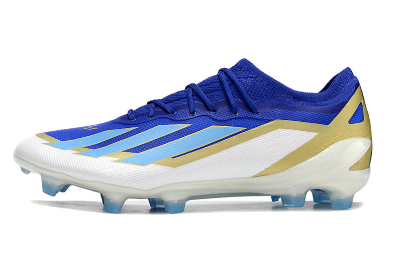 Botes de futbol Adidas X Crazyfast Messi+ FG blau, blanc i daurat "Spark Gen10s"