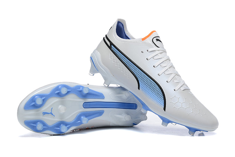 Chuteira Campo Puma King Ultimate FG Branca e Azul "Supercharge Pack"