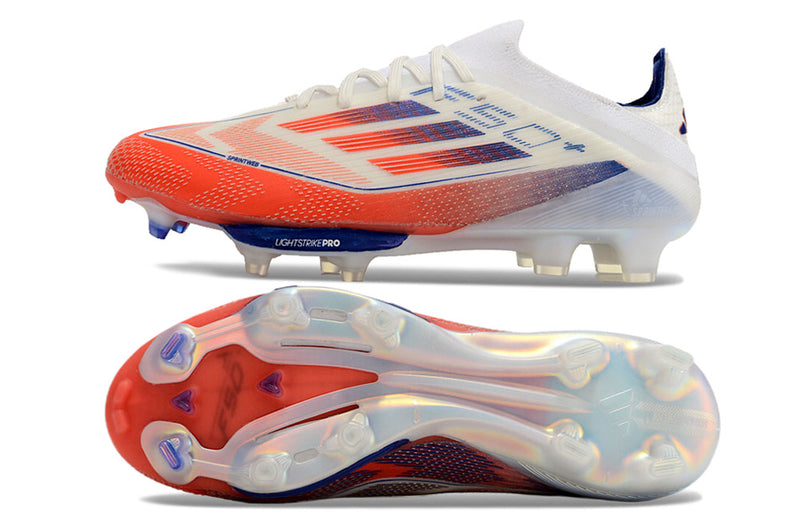 Botes de futbol Adidas F50+ FG blanc, blau i vermell "Paquet avançat"