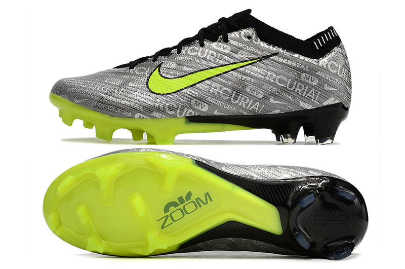 Chuteira Infantil Campo Nike Air Zoom Mercurial Vapor 15 Elite FG Prata e Verde "Nike 25 Anos"