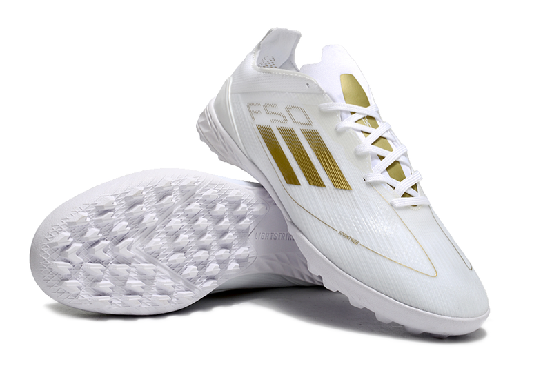 Societat de Botes de Futbol Adidas F50 TF Blanc i Or "Day Spark Pack" 