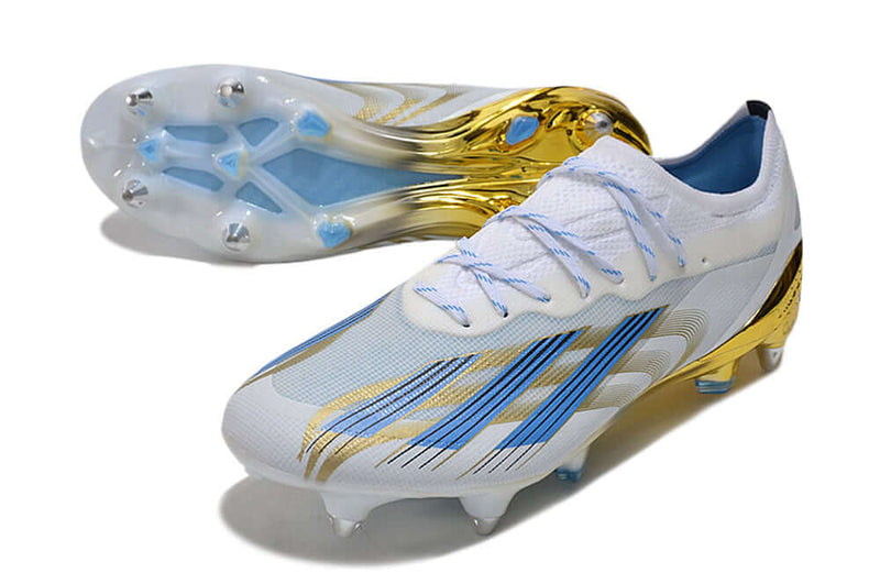 Bota de futbol Adidas X CrazyFast Messi.1 Aluminum Toe Blanc, Blau i Daurat "Las Estrelles"