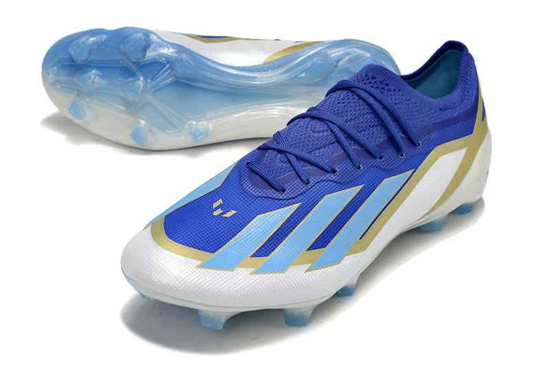 Botes de futbol Adidas X Crazyfast Messi+ FG blau, blanc i daurat "Spark Gen10s"