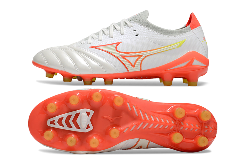 Chuteira Campo Mizuno Morelia Neo 4 Beta FG Branca e Laranja