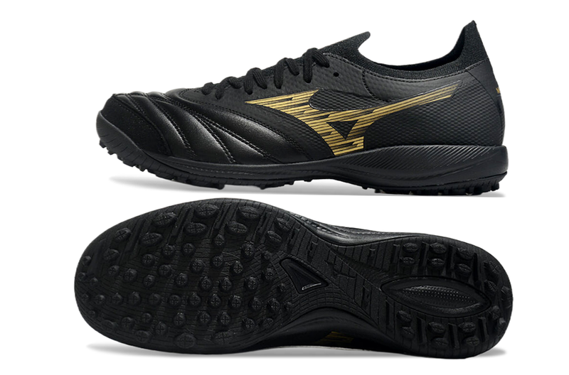 Chuteira Society Mizuno Morelia Neo Sala TF Preta e Dourada "Aurum Pack"