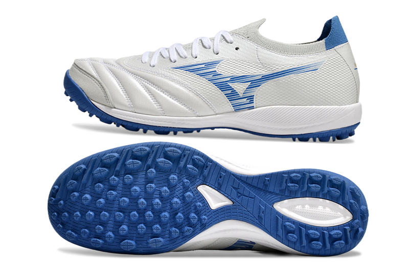 Chuteira Society Mizuno Morelia Neo Sala TF Branca e Azul "Mugen Pack"