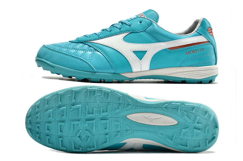 Chuteira Society Mizuno Morelia Sala Japan TF Azul e Branca "Azure Blue Pack"