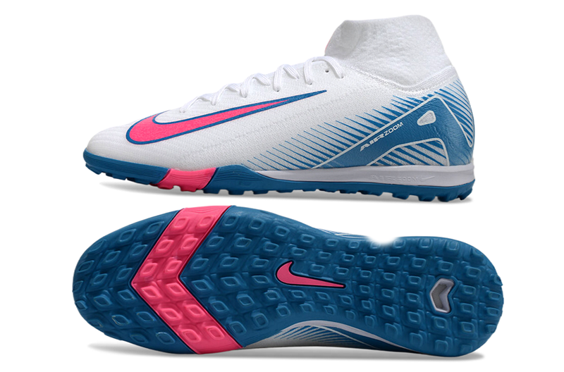 Chuteira Society Nike Air Zoom Mercurial Superfly 10 Elite TF Branca, Azul e Rosa