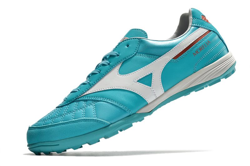 Chuteira Society Mizuno Morelia Sala Japan TF Azul e Branca "Azure Blue Pack"