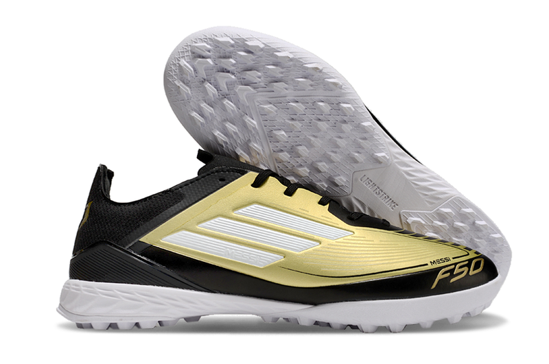 Chuteira Society Adidas F50 Messi TF Preto e Dourado "Triunfo Dorado Pack"