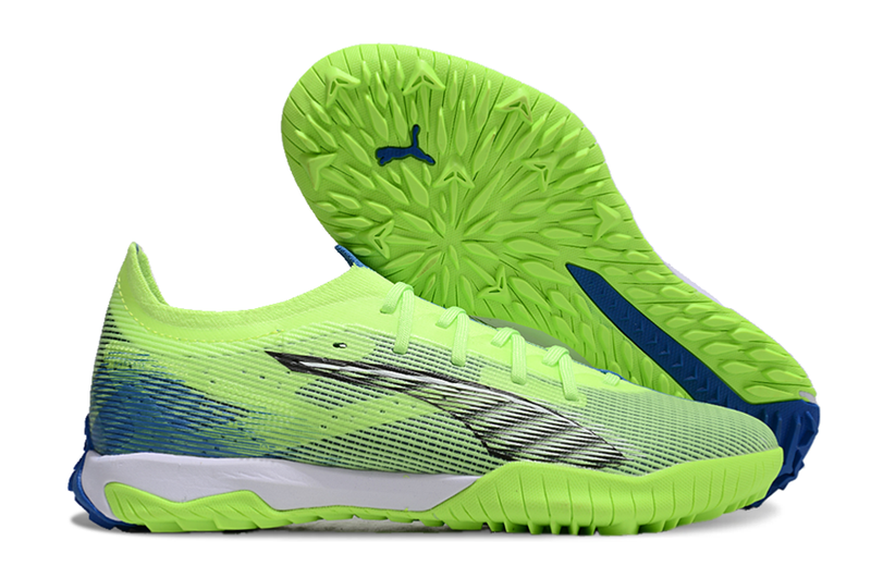 Chuteira Society Puma Ultra 5 Ultimate TF Verde e Azul "Lights Out Pack"