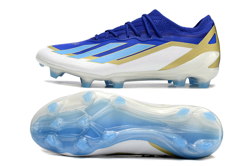 Botes de futbol Adidas X Crazyfast Messi+ FG blau, blanc i daurat "Spark Gen10s"