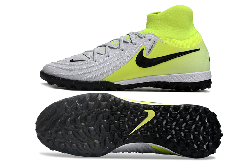 Chuteira Society Nike Phantom Luna 2 Elite TF Cinza e Verde "Mad Voltage"