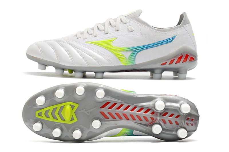 Chuteira Campo Mizuno Morelia Neo 3 FG Branca, Azul e Verde