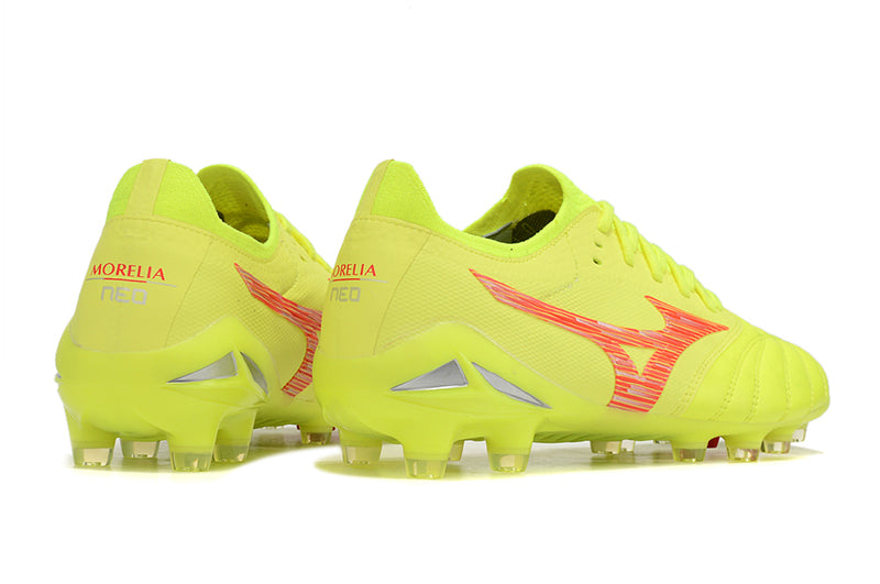 Chuteira Campo Mizuno Morelia Neo 4 Beta FG Amarelo e Vermelho "Dyna Pack'