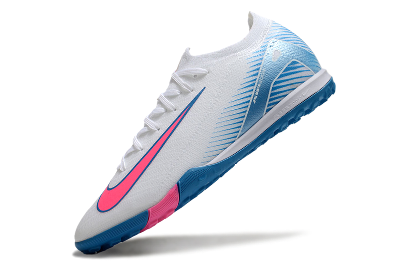 Chuteira Society Nike Air Zoom Mercurial Vapor 16 Elite TF Branca, Azul e Rosa