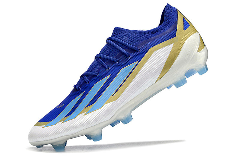 Botes de futbol Adidas X Crazyfast Messi+ FG blau, blanc i daurat "Spark Gen10s"