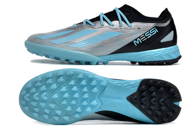 Chuteira Society Adidas X Crazyfast Messi.1 TF Prata e Azul "Infinito"