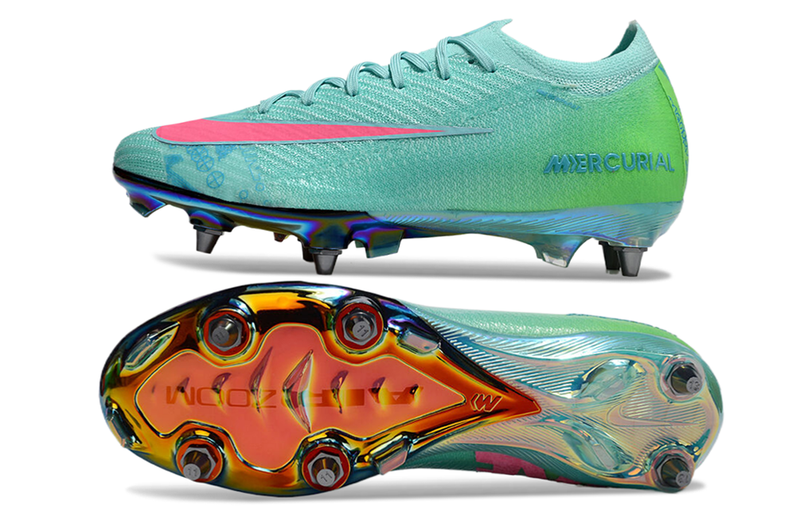 Chuteira Campo Nike Air Zoom Mercurial Vapor 16 Elite Trava Mista Verde e Rosa "Cosmic Speed"