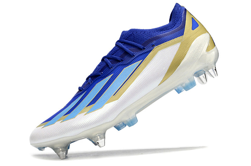 Bota de futbol Adidas X Crazyfast Messi.1 amb punta d'alumini blau, blanc i daurat "Spark Gen10s"