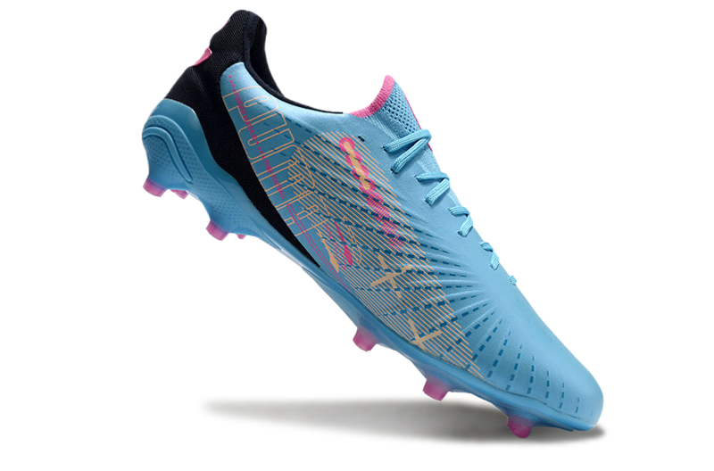 Chuteira Campo Puma King Ultimate FG Azul e Rosa "Volume Up Pack"