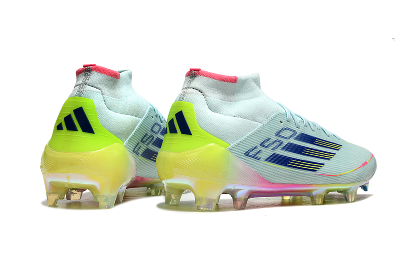 Bota de futbol Adidas F50 Mid Cano FG blau, rosa i groc "Paquet de botes olímpiques" 