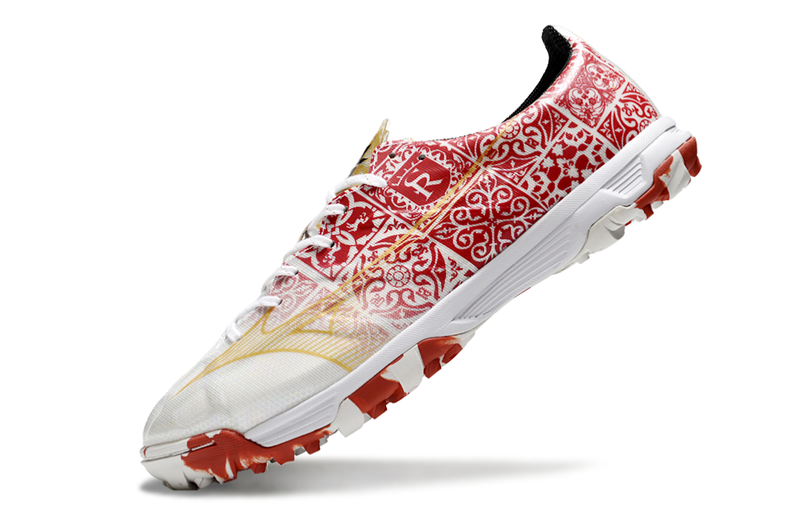 Bota de futbol Mizuno Alpha TF Society en blanc, vermell i daurat "Paquet de signatures" 