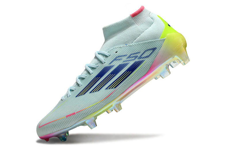 Chuteira Campo Adidas F50 Cano Médio FG Azul, Rosa e Amarelo "Olympic Boot Pack"