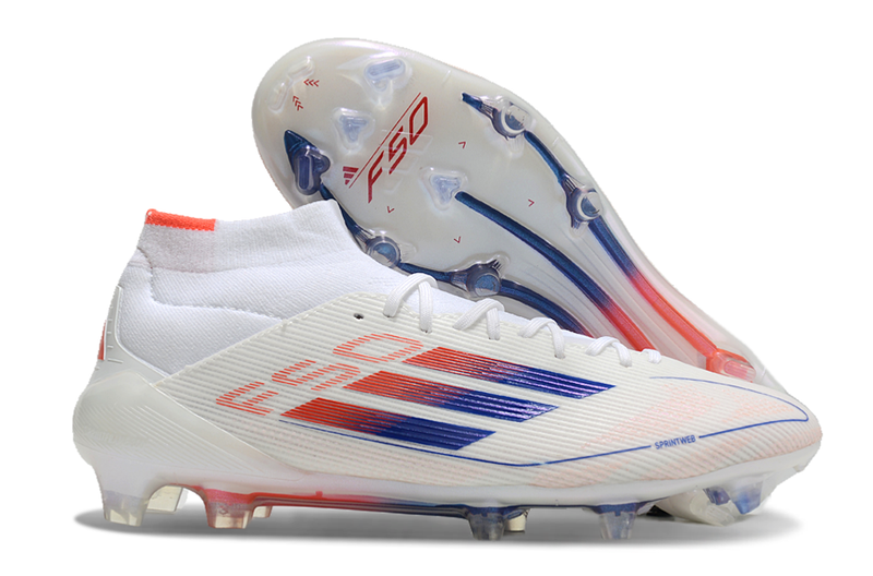 Botes de futbol Adidas F50 Mid Top FG blanc, blau i taronja "Advancement Pack" 