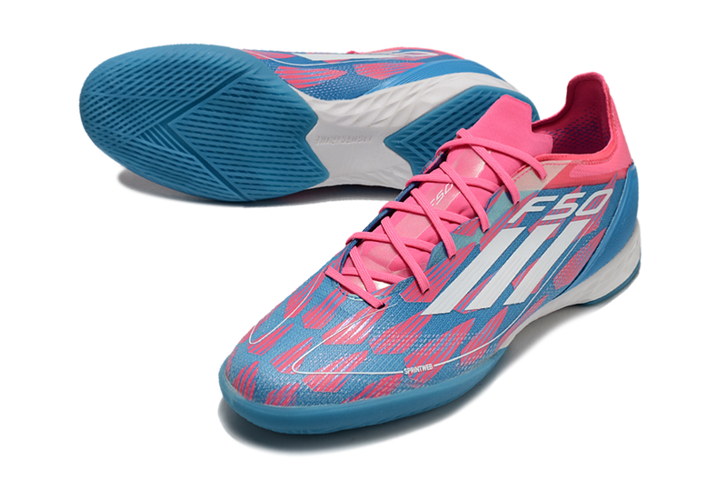 Chuteira Futsal Adidas F50 IC Rosa, Azul e Branca "Re-Emergence Pack"