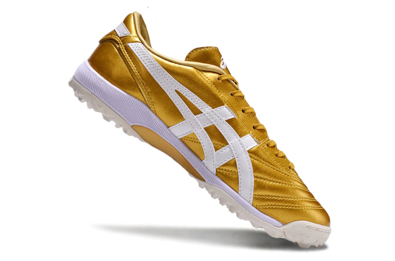 Chuteira Society Asics Japan TF Dourada e Branco