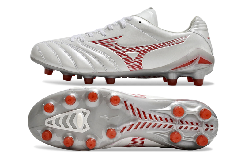 Chuteira Campo Mizuno Morelia Neo 4 Beta FG Branca e Vermelha "Charge Pack"