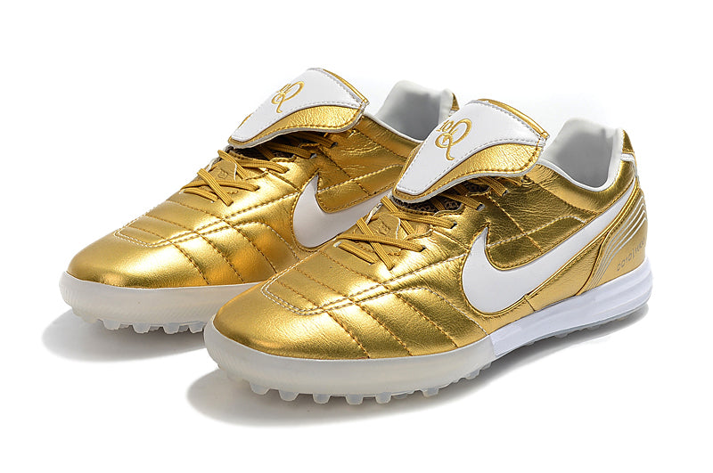 Chuteira Society Nike Retrô Tiempo Legend 7 Elite TF Dourado e Branco R10