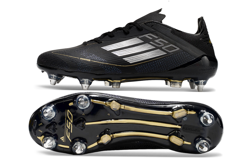 Chuteira Campo Adidas F50 Ponta de Aluminio Preta e Dourada "Dark Spark Pack"